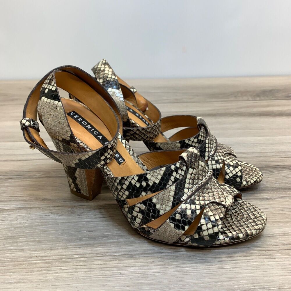 Veronica Beard Snake Print Wood Heel Wrap‎ Around Ankle Heels 6-1/2 EU 37